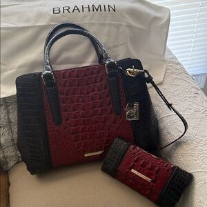Brahmin Finley Vintage Red Stanza Genuine Leather Satchel and matching wallet.